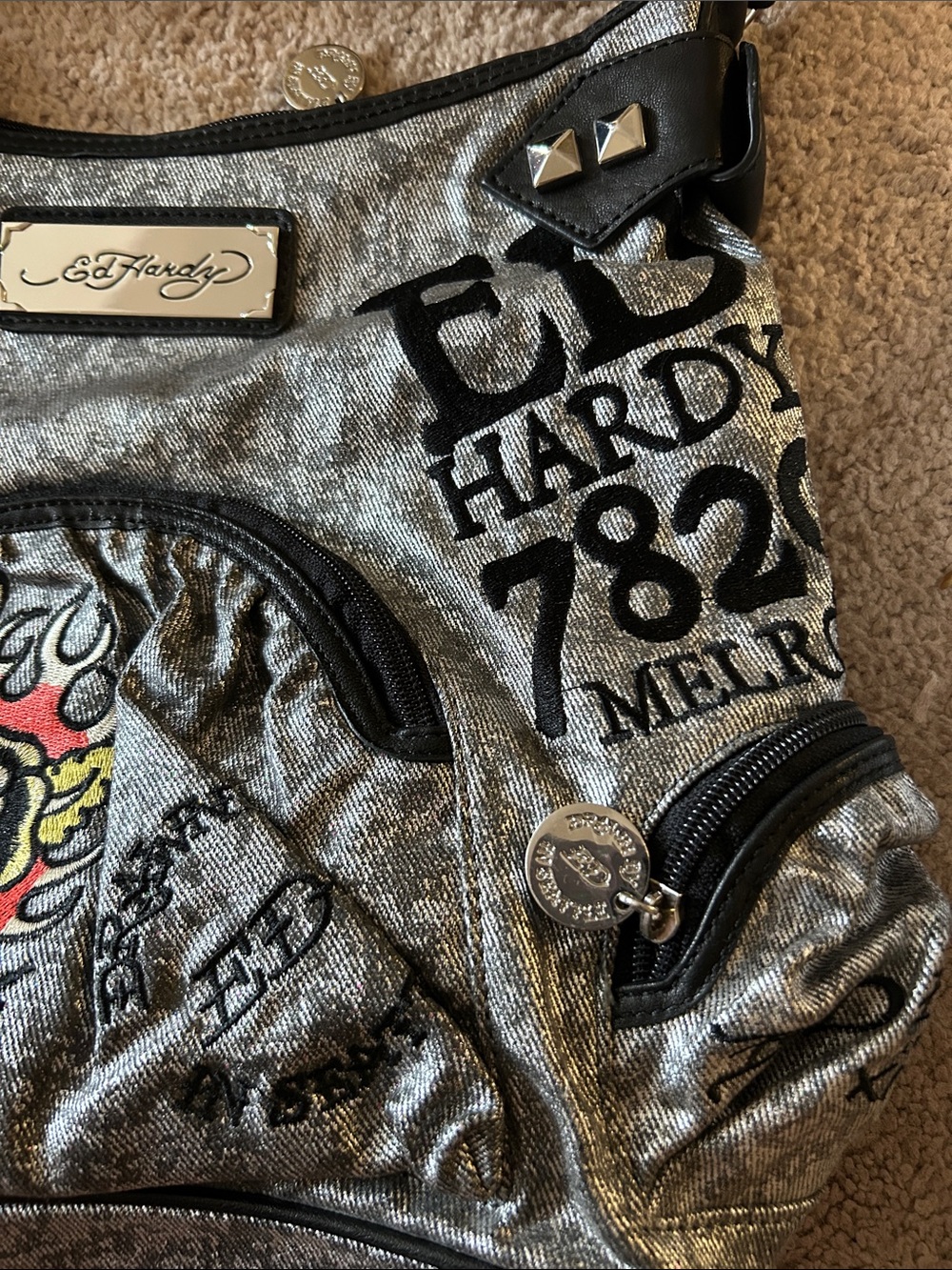 Ed Hardy Metallic Silver Shoulder Bag with Flaming Rose Patch - Picture 4 of 10